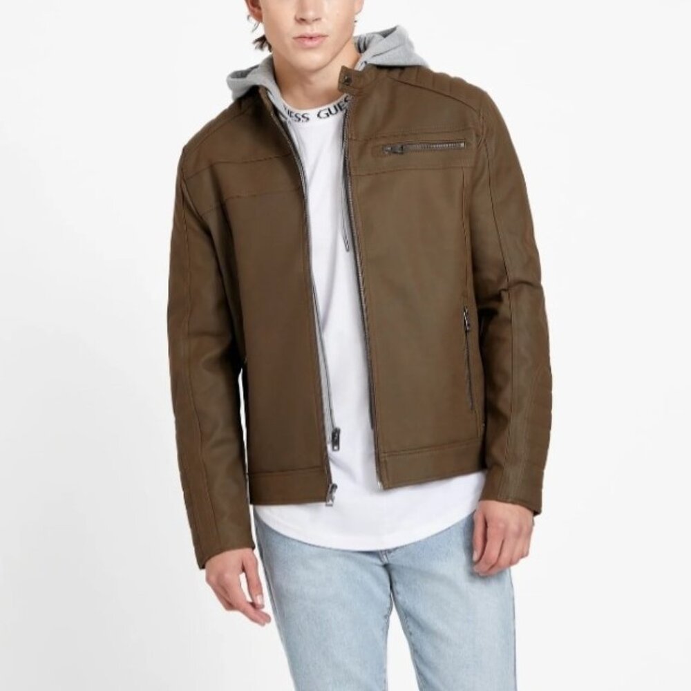 Guess Men's Large Paxton Faux-Suede Moto Jacket Hooded X3RL 12 WDRW0 Dark Beige